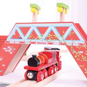 Bigjigs Rail Červená lokomotíva s tendrem + 3 koľaje, Bigjigs Rail