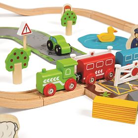 Bigjigs Rail Drevená vláčikodráha s vidieckou cestou 80 dielov, Bigjigs Rail